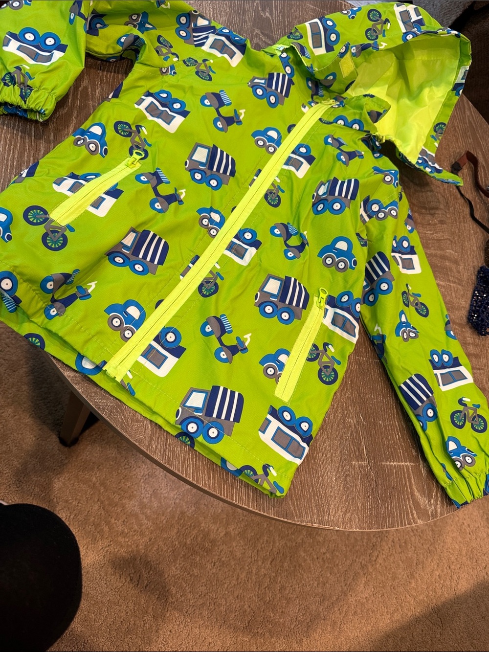 Kids Lime Green Rain Jacket with Blue Truck Print